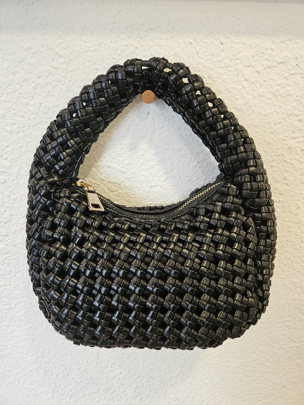 Antik Kraft Mini Hobo Bag Black Braided Woven Vegan Leather Curved Zip Top